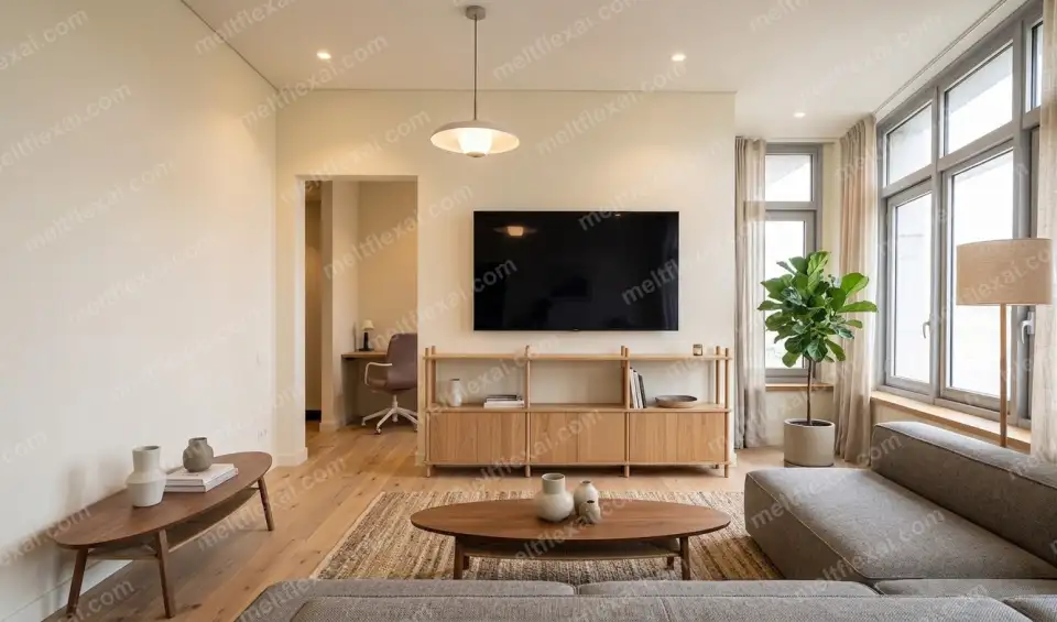 AI-generated contemporary living room with oak furniture throughout, indoor plants, sheer curtains, and warm natural light