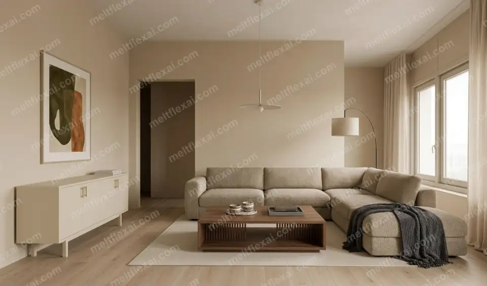 AI-generated warm beige living room with cream sectional, walnut coffee table, fiddle-leaf fig, and natural light