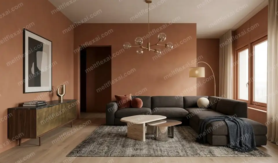 AI-generated living room with terracotta accent wall, dark charcoal sectional, abstract art, and modern chandelier