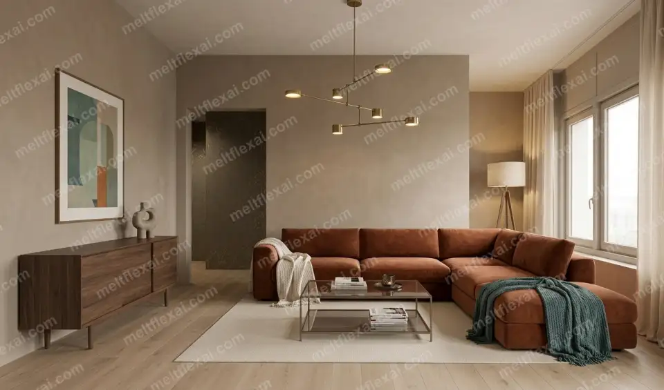 AI-generated living room with cognac leather sectional, teal throw, warm sand walls, and brass floor lamp