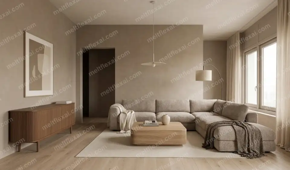 AI-generated ultra-minimalist beige living room with matching sectional, pendant lamp, ceiling fan, and natural light