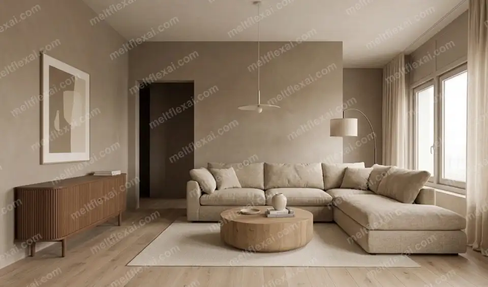 AI-generated warm minimal living room with beige sectional, round natural wood coffee table, and warm pendant lights