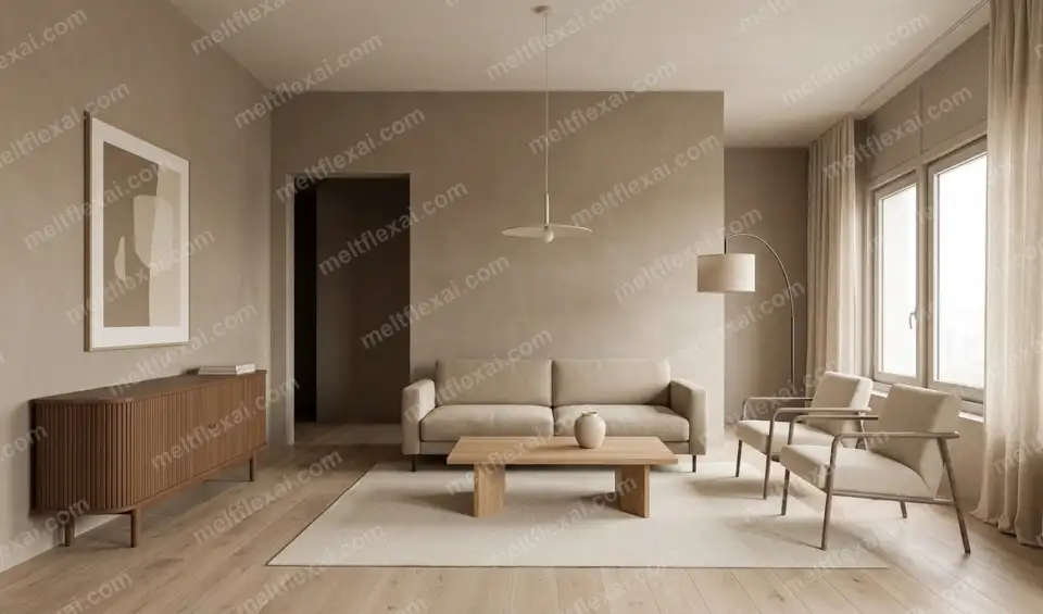 AI-generated sand-tone living room with three-seater sofa, two armchairs, round wood coffee table, and morning light