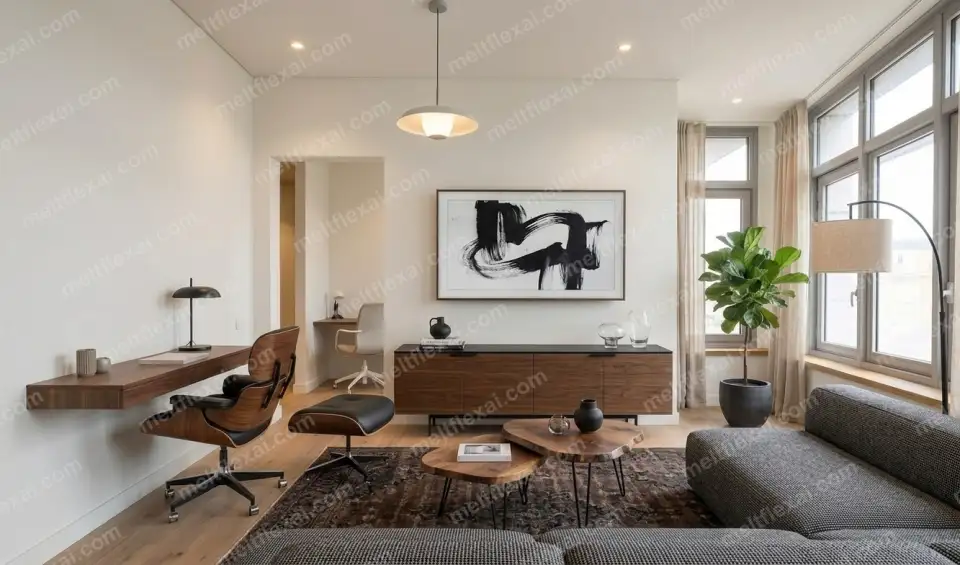 AI-generated mid-century modern living room with Eames lounge chair, abstract art, dark rug, walnut console, and brass pendant light