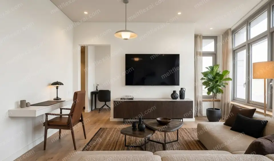 AI-generated Japandi living room with wooden accent chair, walnut console, ceramic vases, and warm natural light