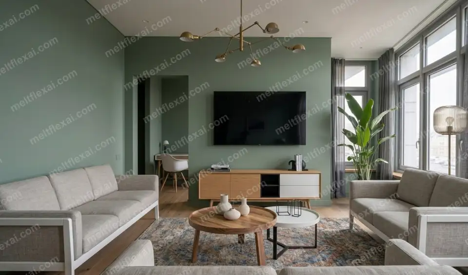AI-generated modern living room with sage green accent wall, light grey sofas, gold chandelier, and oak console