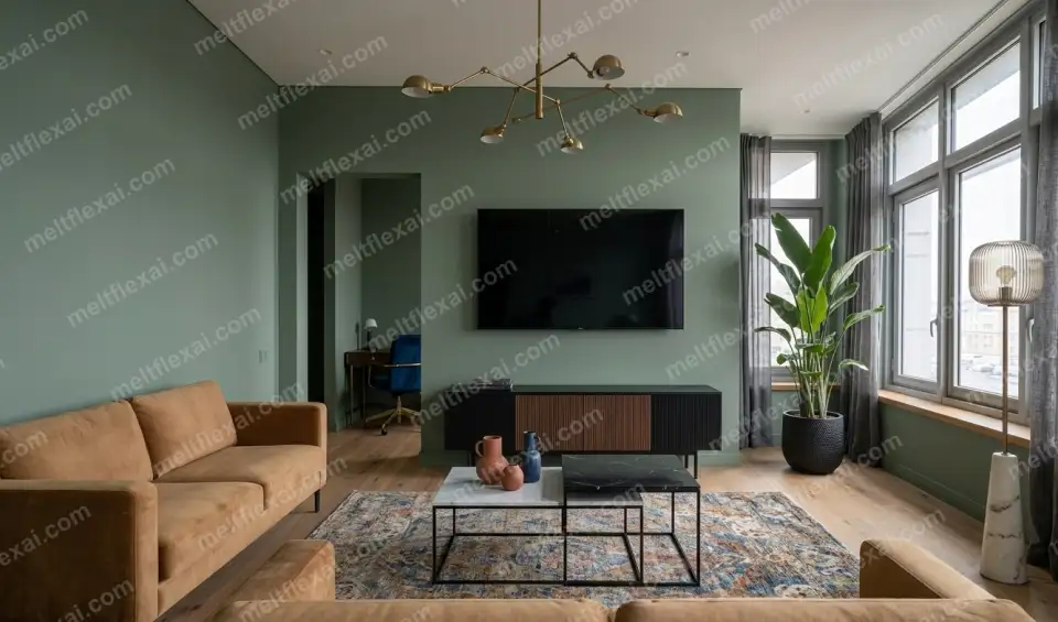 AI-generated living room with sage green wall, camel leather sofa, vintage oriental rug, brass accents, and warm natural light