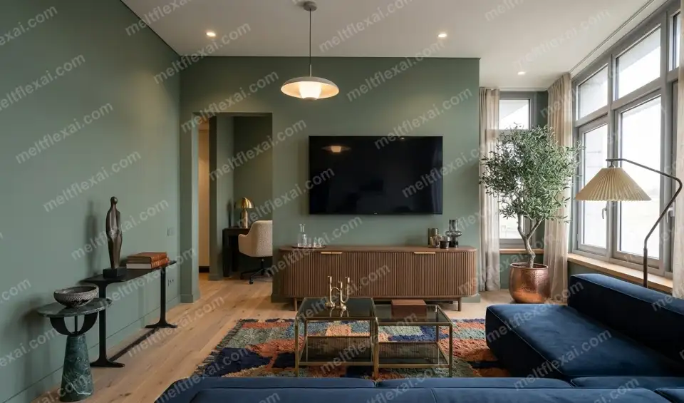 AI-generated eclectic living room with sage green wall, deep blue velvet sofa, vintage side tables, and pendant light