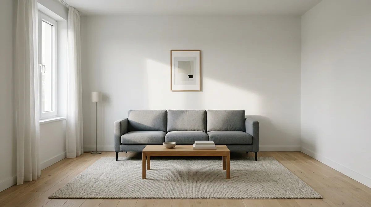 Plain white living room with a grey sofa, oak coffee table and one window on the left, used as the base photo for every repaint on this page