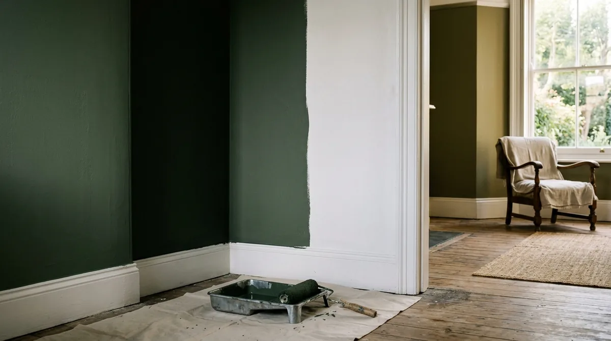 Room corner mid repaint, one wall finished in deep green and the adjoining wall still white, with a paint tray on a dust sheet and afternoon light making the same green read almost black in the corner