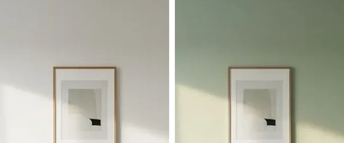 Close crop of the same framed print before and after a wall repaint, showing the picture inside the frame and the frame color have changed