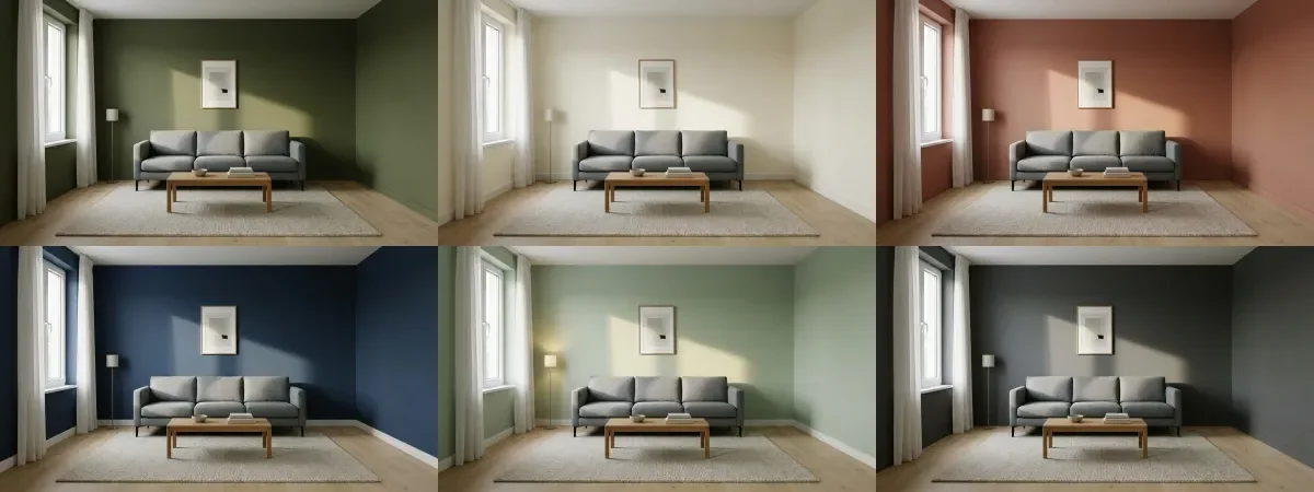 Grid of one living room rendered in six wall colors: deep olive, warm off white, clay terracotta, navy, soft sage and charcoal