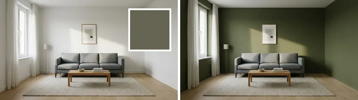 Left, a living room with a flat olive color chip overlaid on the wall. Right, the same room with the wall actually rendered in that olive, showing lighter and darker areas