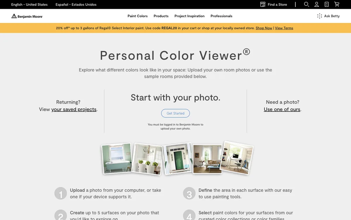 Screenshot of the Benjamin Moore Personal Color Viewer page showing the four step flow and the notice that you must be logged in to upload your own photo