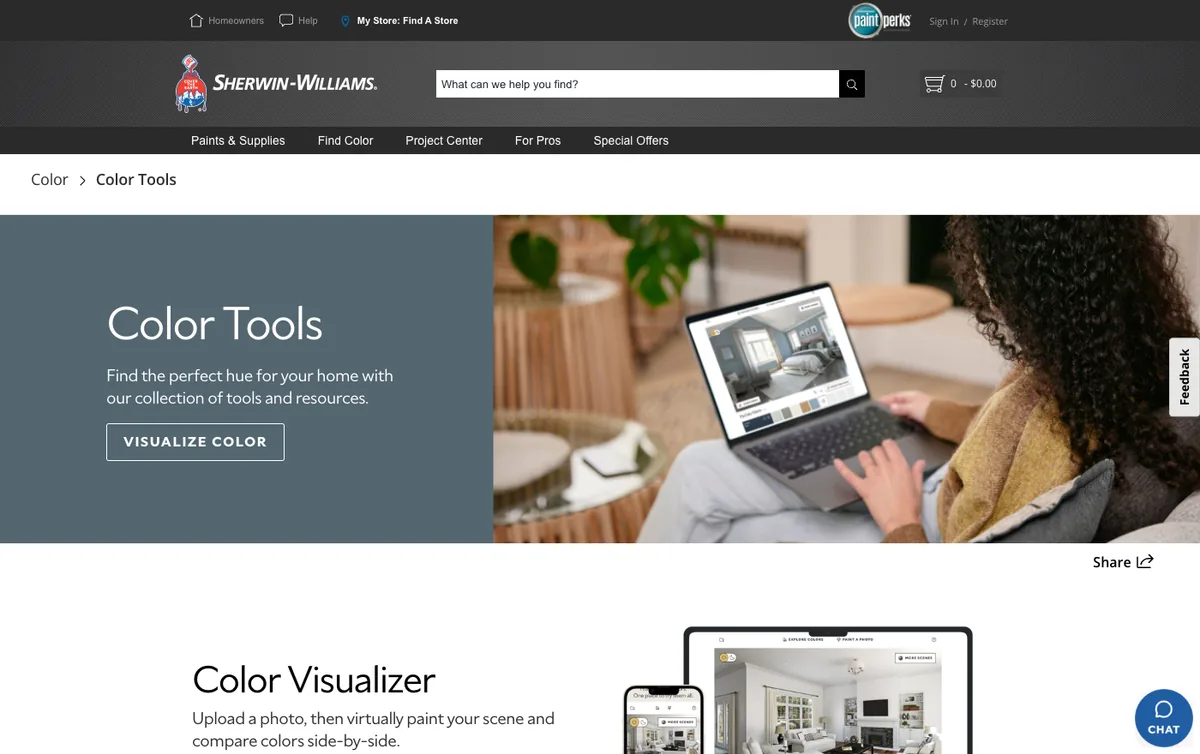 Screenshot of the Sherwin-Williams color tools page showing the ColorSnap Visualizer entry
