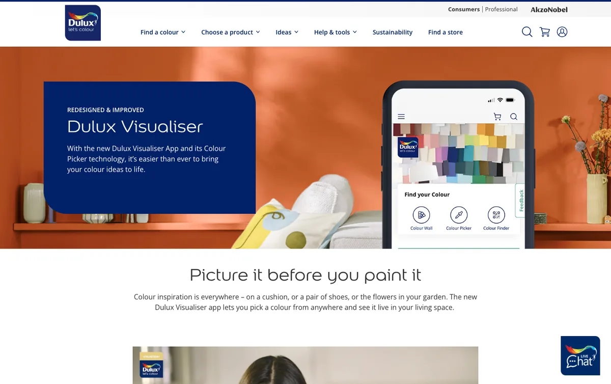 Screenshot of the Dulux Visualizer app page showing the phone app with colour picker, colour finder and colour roll features