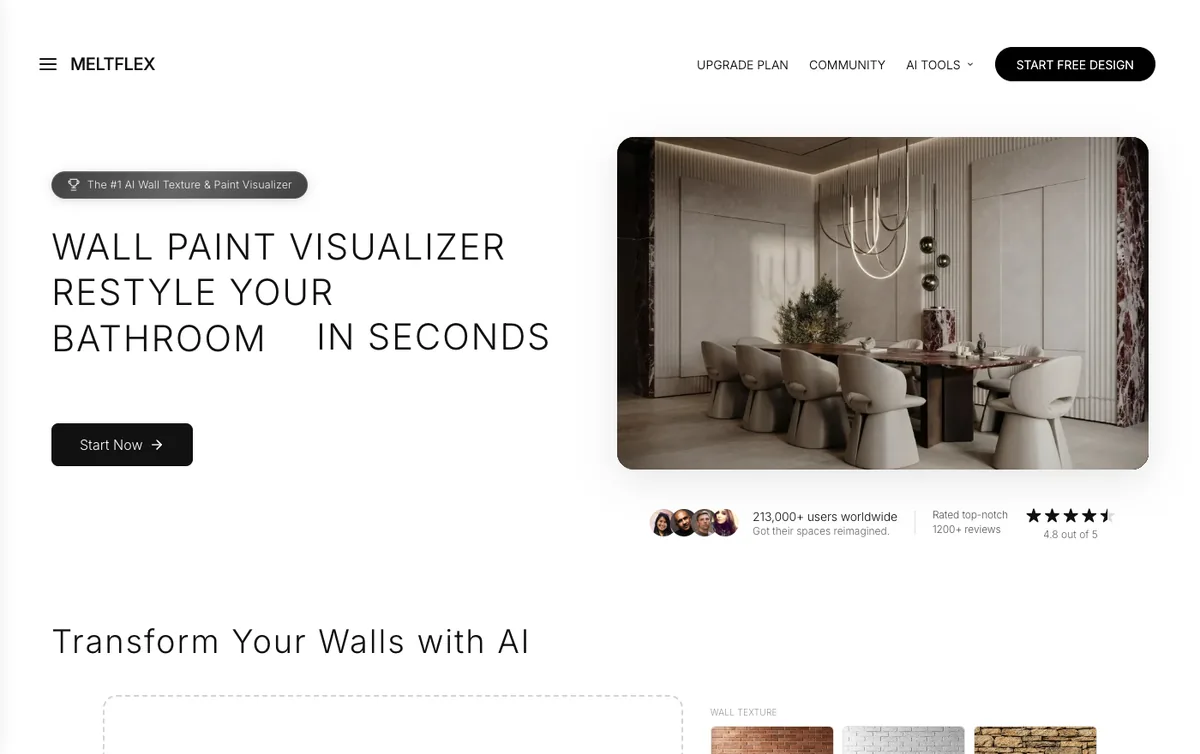 Screenshot of the MeltFlex wall paint visualizer homepage showing the upload area and wall texture options