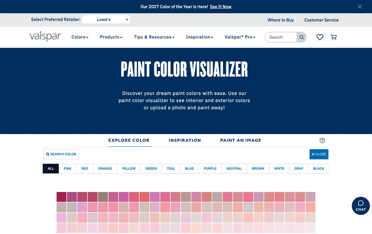 Screenshot of the Valspar paint color visualizer page showing the color grid and the explore, inspiration and paint an image tabs