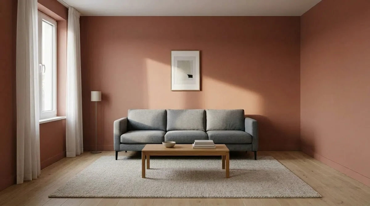 AI render of the same living room with the walls in muted clay terracotta, warming the grey sofa