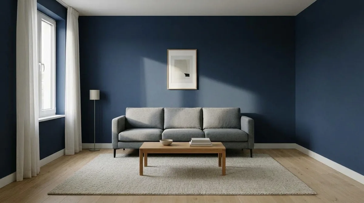 AI render of the same living room with the walls in deep navy, the grey sofa reading cooler against it