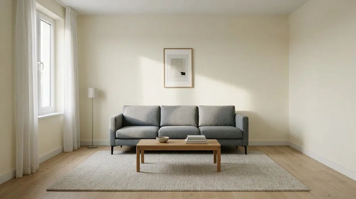 The same living room repainted in a warm off white, barely distinguishable from the plain white base photo