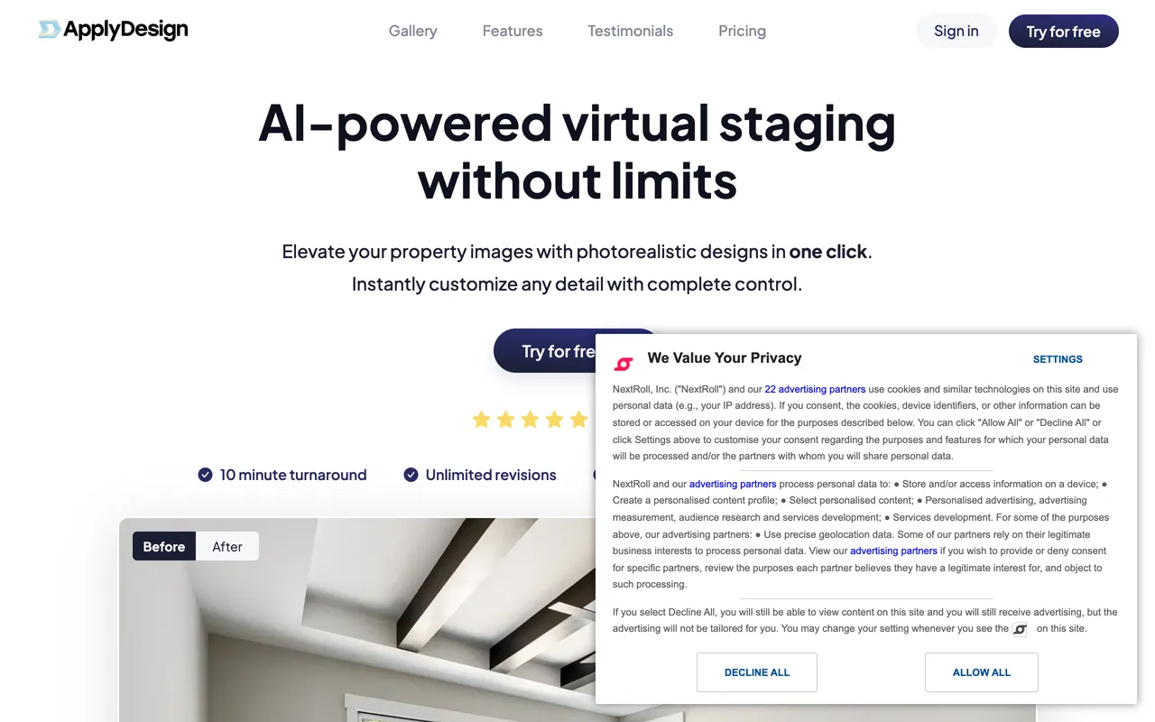 Apply Design homepage, AI powered virtual staging with auto staging and a drag and drop DIY editor