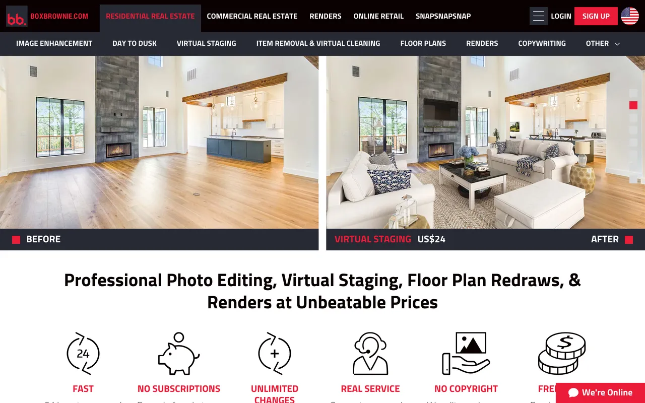 BoxBrownie homepage showing a before and after virtual staging example with professional real estate photo editing services
