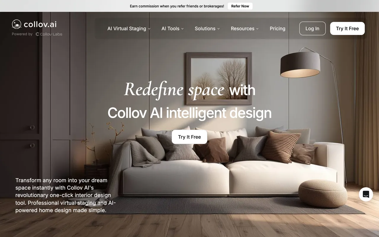 Collov AI homepage, one click AI virtual staging and interior design for real estate