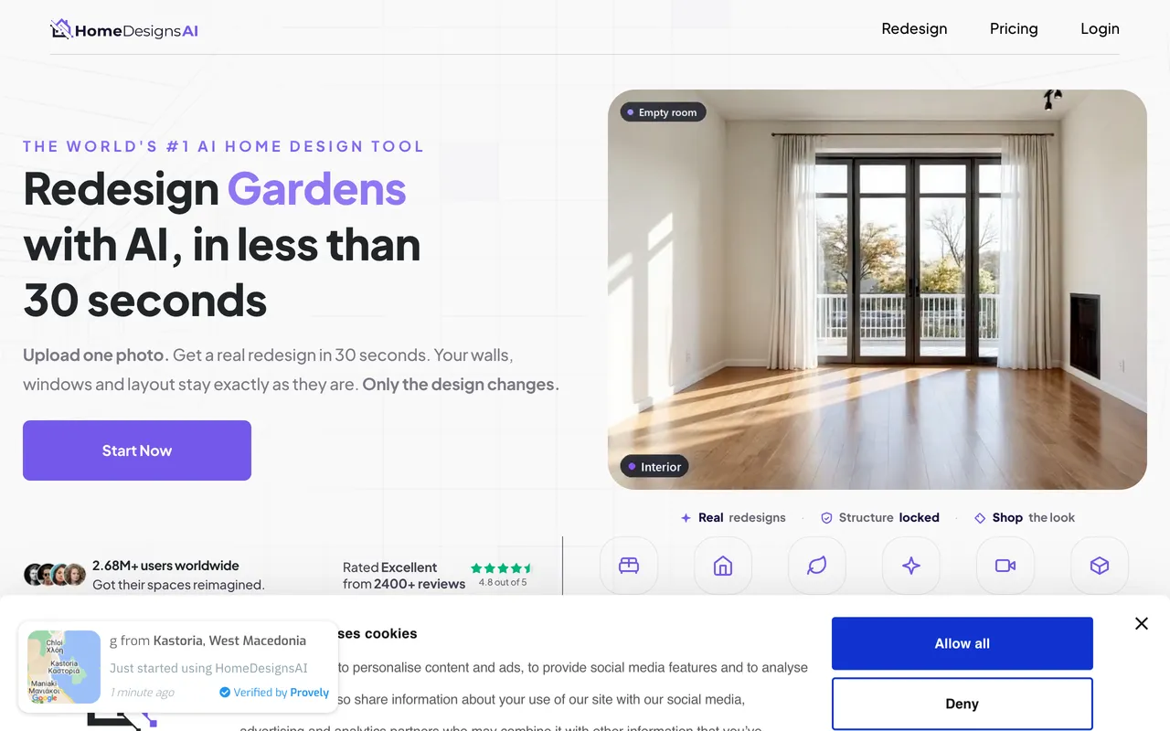 HomeDesigns AI homepage, redesign interiors, exteriors and gardens with AI in under 30 seconds