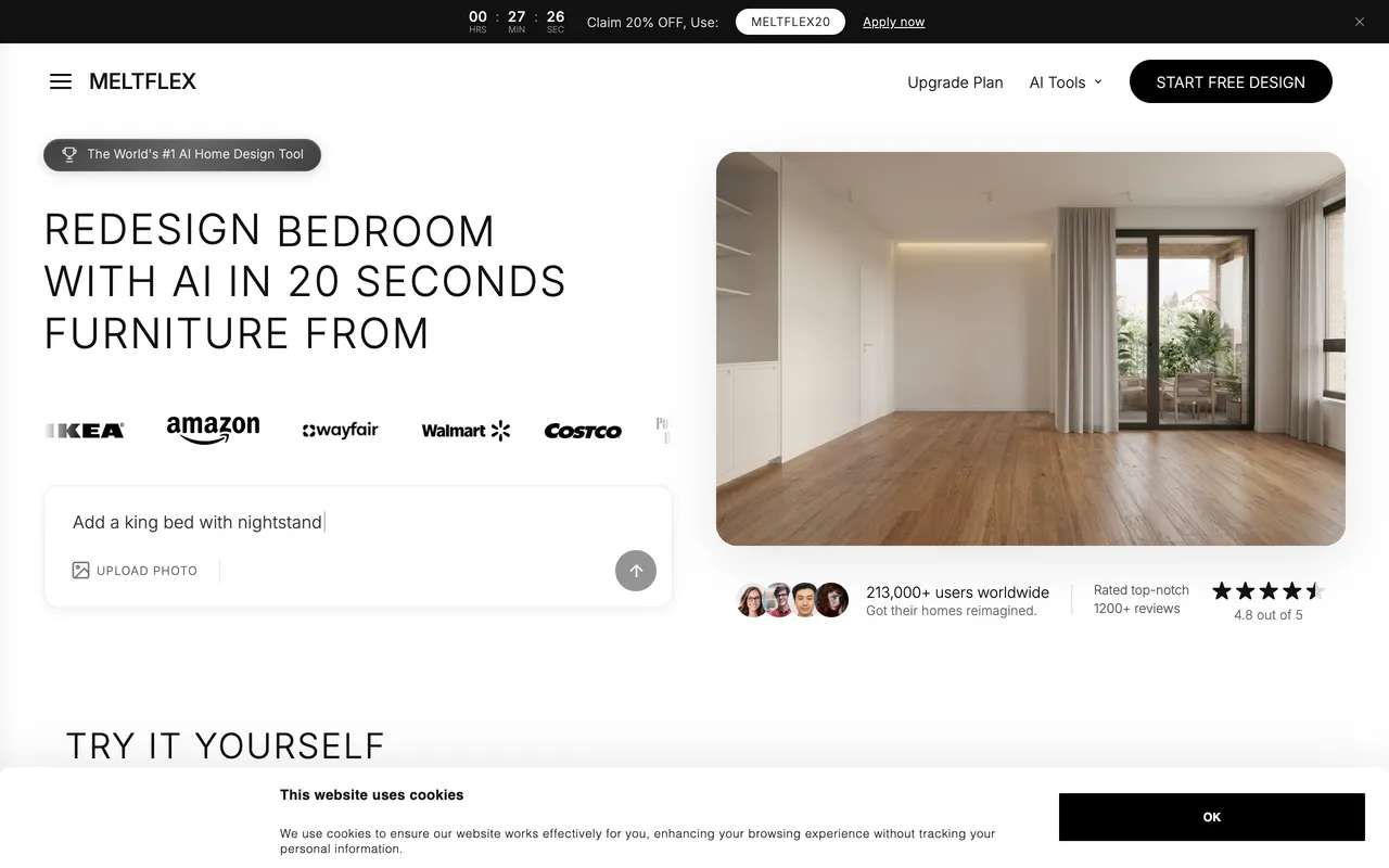 MeltFlex homepage, AI interior design and virtual staging with real furniture from IKEA, Amazon, Wayfair, Walmart and Costco