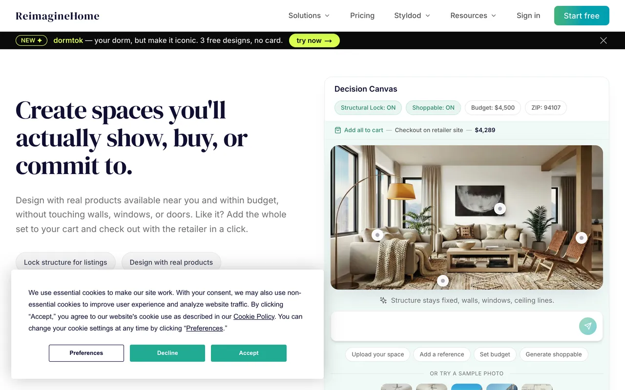 REimagineHome homepage showing a Decision Canvas with structural lock, shoppable products, a budget filter and add all to cart