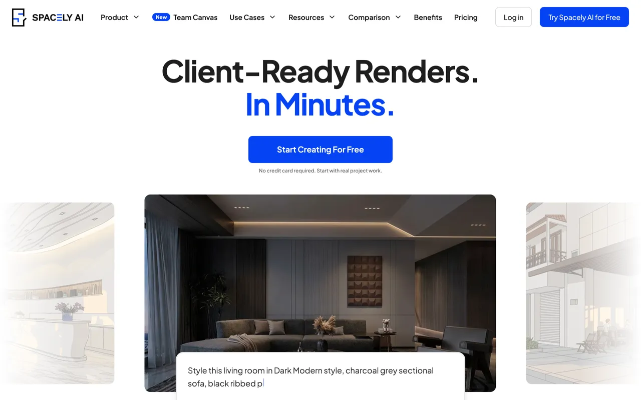 Spacely AI homepage, client ready AI interior renders in minutes with empty the room and auto furnish tools
