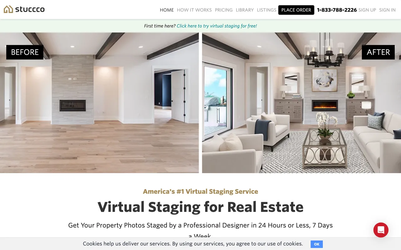Stuccco homepage showing a before and after virtual staging example, professional designer staging in 24 hours