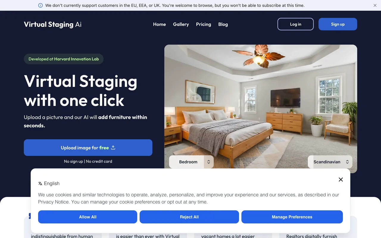 Virtual Staging AI homepage, one click AI virtual staging, with a banner stating EU, EEA and UK customers cannot subscribe