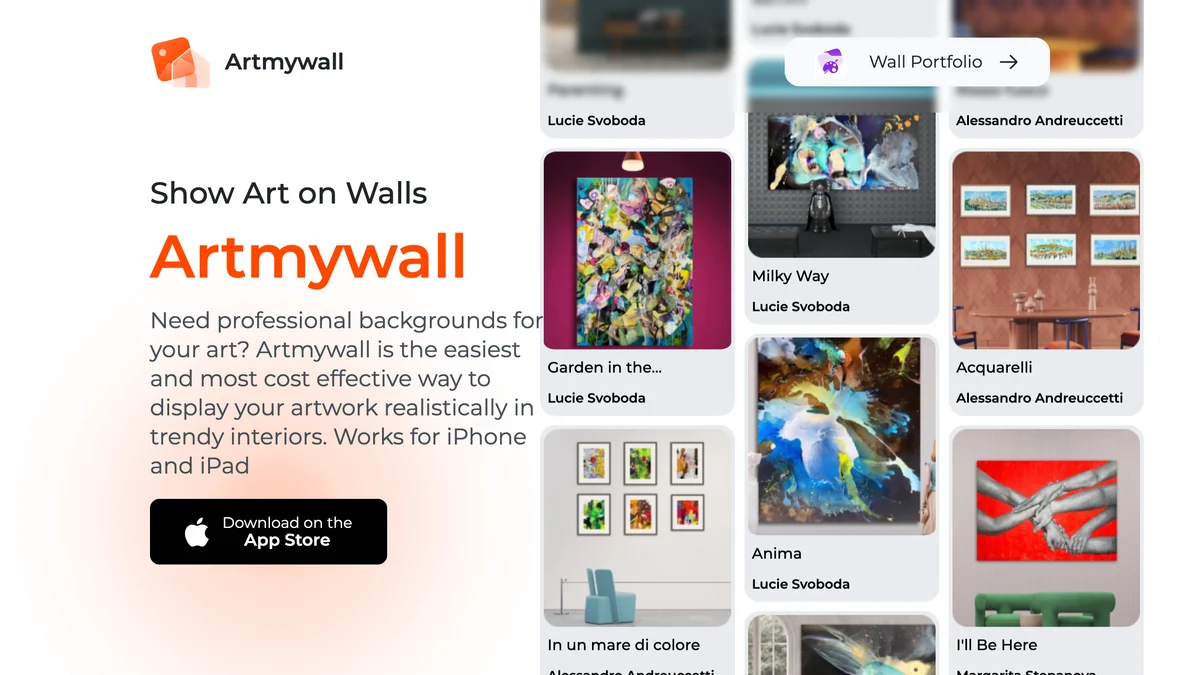 Artmywall homepage with the headline Show Art on Walls, a Download on the App Store button and a grid of artworks by named artists staged on interior walls