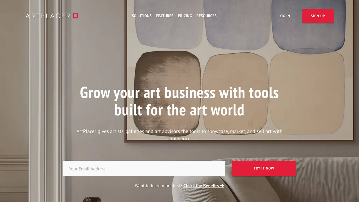 ArtPlacer homepage with the headline Grow your art business with tools built for the art world, an email field, a Try it now button and a large abstract painting in a beige room