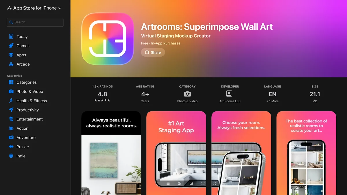 App Store listing for Artrooms Superimpose Wall Art showing a 4.8 rating from 1.9 thousand ratings, an age rating of 4 plus, and screenshots reading Always beautiful, always realistic rooms and number one art staging app