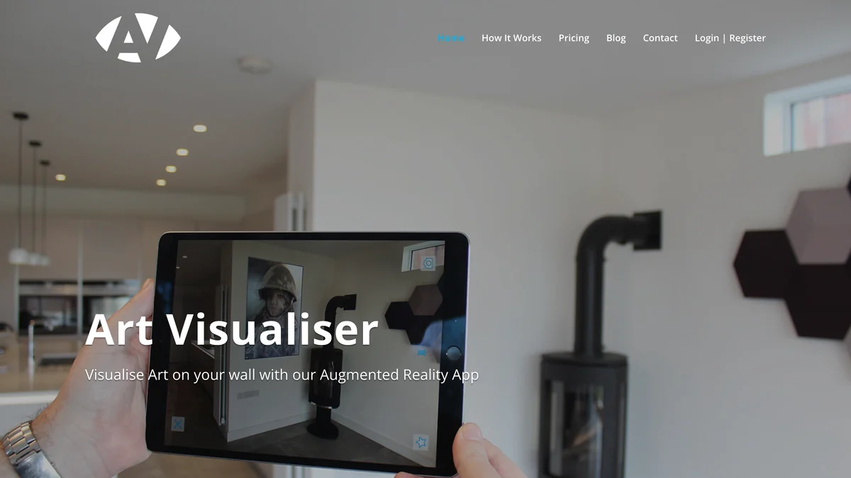 Art Visualiser homepage showing a hand holding a tablet that displays a framed artwork placed on a real wall, with the line Visualise Art on your wall with our Augmented Reality App
