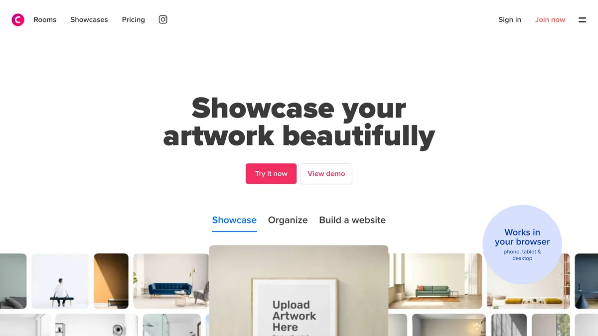 Canvy homepage with the headline Showcase your artwork beautifully, Try it now and View demo buttons, tabs for Showcase, Organize and Build a website, and a row of interior room mockups with an Upload Artwork Here frame