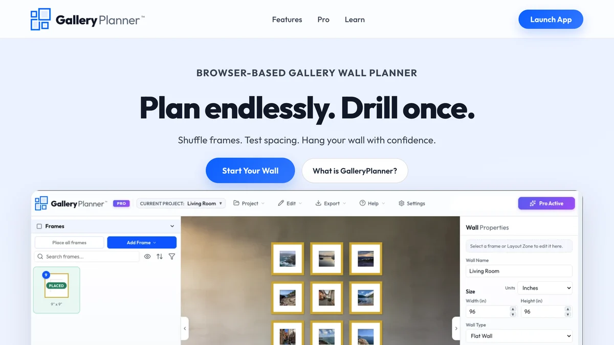 GalleryPlanner homepage with the headline Plan endlessly. Drill once., a Start Your Wall button and the planner interface showing a three by two grid of frames on a living room wall beside a wall properties panel