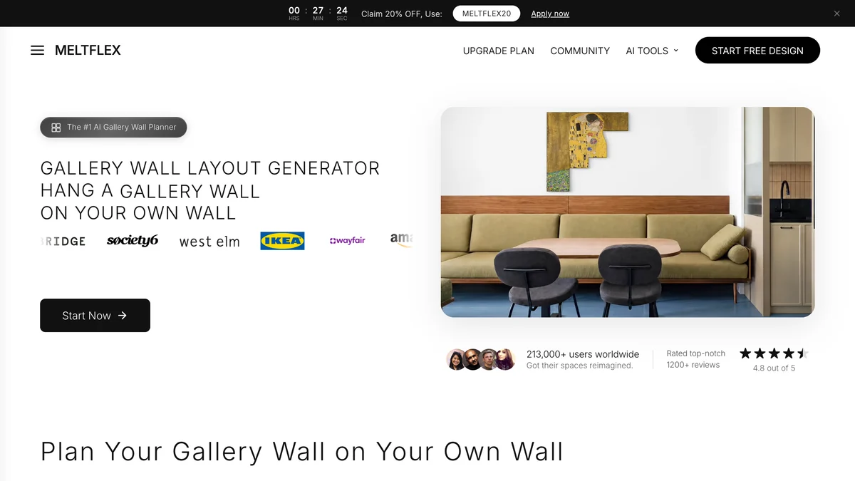 MeltFlex Gallery Wall Layout Generator page with the headline Hang a gallery wall on your own wall, a render of framed paintings above a green sofa, a Start Now button and an artwork picker showing the Mona Lisa and The Starry Night
