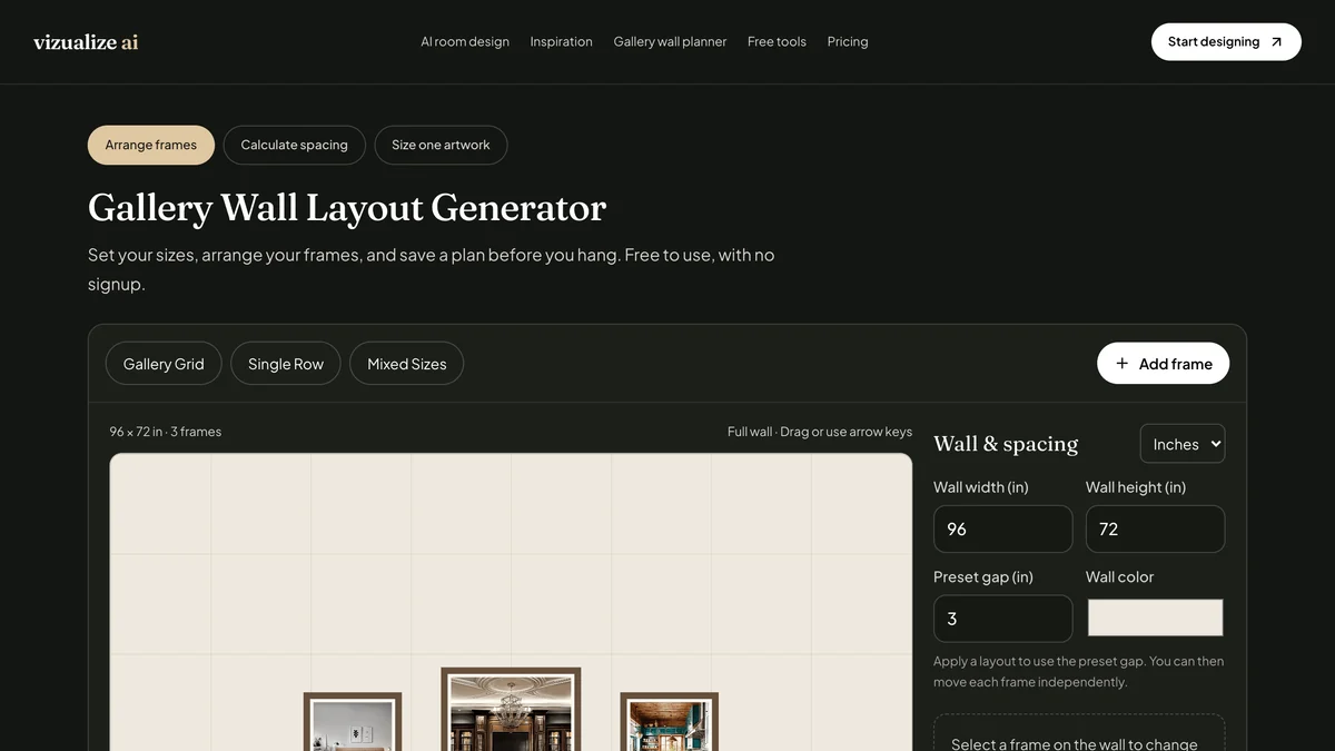 Vizualize AI gallery wall layout generator showing a 96 by 72 inch wall with three frames, controls for gallery grid, single row and mixed sizes, and fields for wall width, height and gap in inches