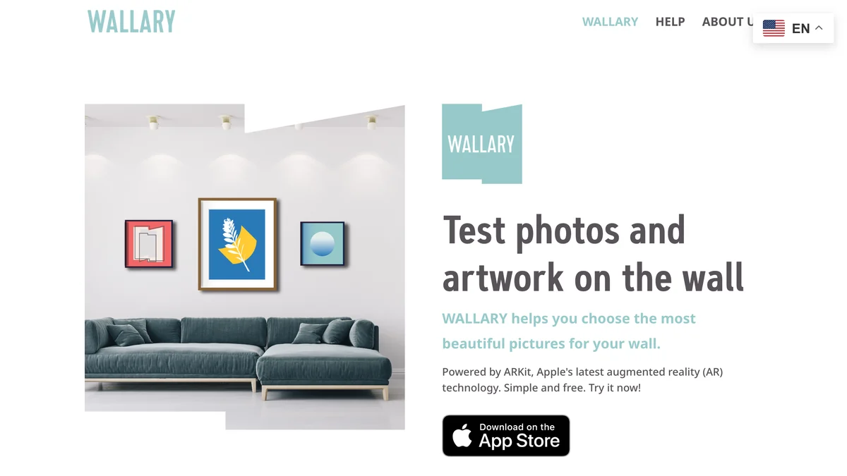 Wallary homepage with the headline Test photos and artwork on the wall, a note that it is powered by ARKit, a Download on the App Store button and a grey wall with three framed prints above a dark green sofa