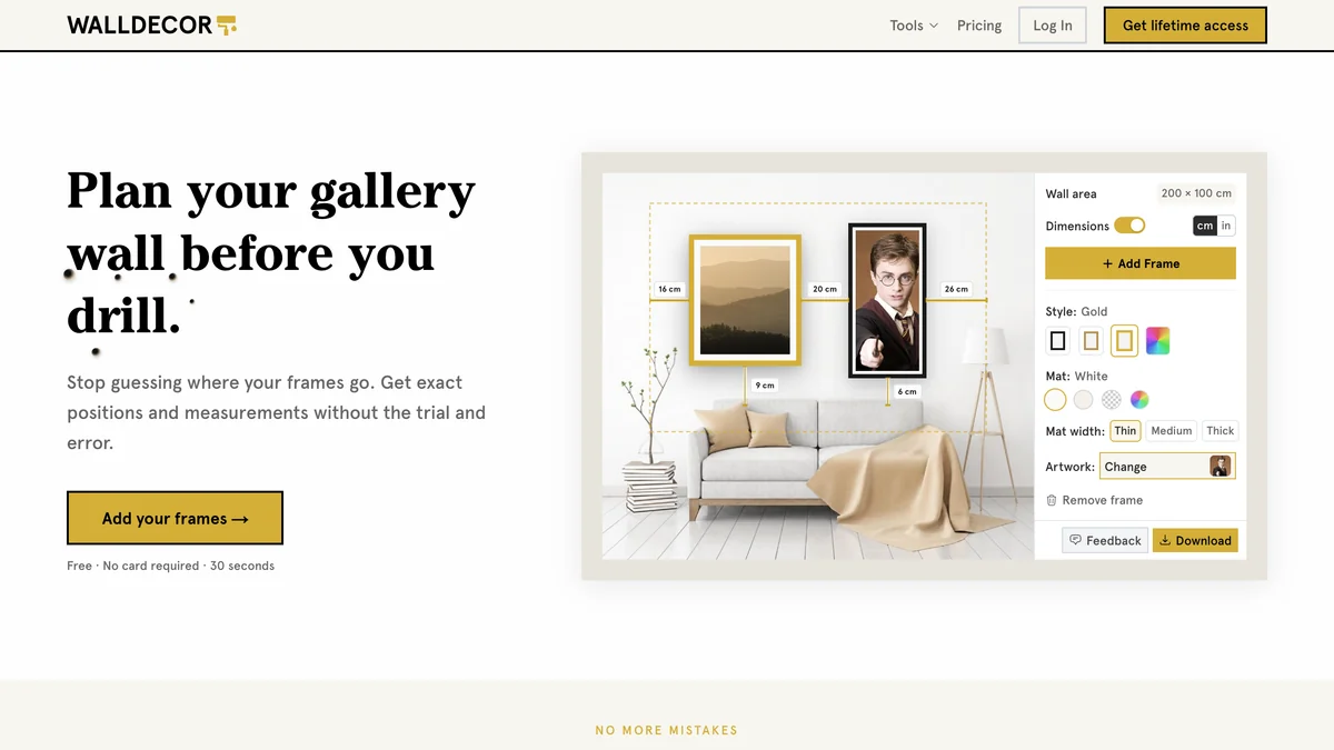 walldecor.io homepage with the headline Plan your gallery wall before you drill, a mockup of two framed pictures above a grey sofa with dimension labels reading 16 cm, 20 cm, 26 cm, 9 cm and 6 cm, and a panel setting wall area to 200 by 100 cm with gold, black and wood frame styles
