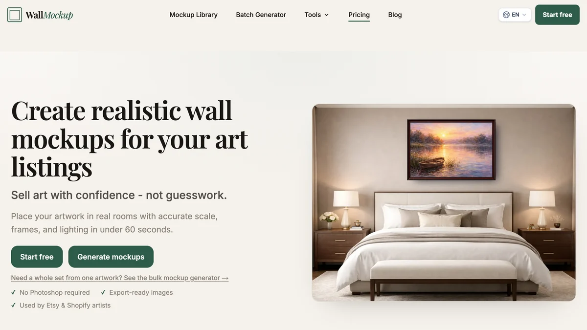 WallMockup homepage with the headline Create realistic wall mockups for your art listings, the line Used by Etsy and Shopify artists, and a framed landscape painting above a bed in a beige bedroom