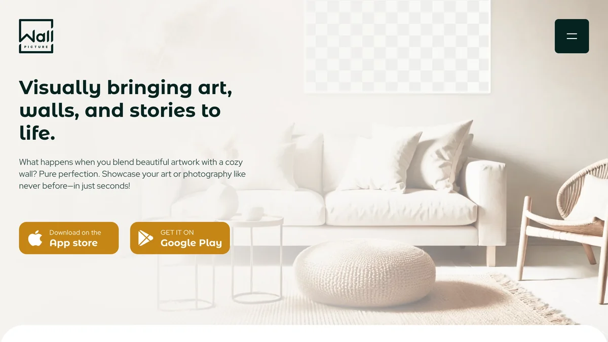 WallPictureApp homepage with the headline Visually bringing art, walls, and stories to life, App Store and Google Play buttons and a bright living room with a cream sofa and a bare wall