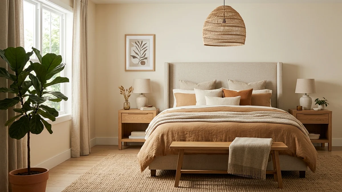 A calm modern bedroom in Birch Lane style with a tall upholstered oatmeal linen headboard, warm caramel bedding, solid wood nightstands, a woven pendant light and a jute rug