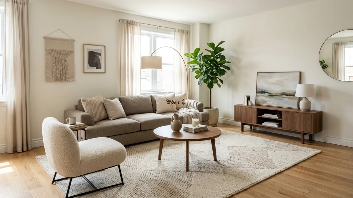 A warm modern living room styled the AllModern way with a low deep-seat greige sofa, a curved boucle accent chair, a walnut media console, a brass floor lamp and a jute rug