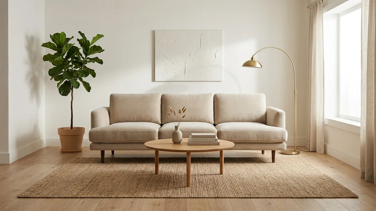 The same oatmeal performance-velvet sofa placed by MeltFlex AI into a real warm modern living room at true scale, with realistic light and contact shadows, so you can judge fit before buying