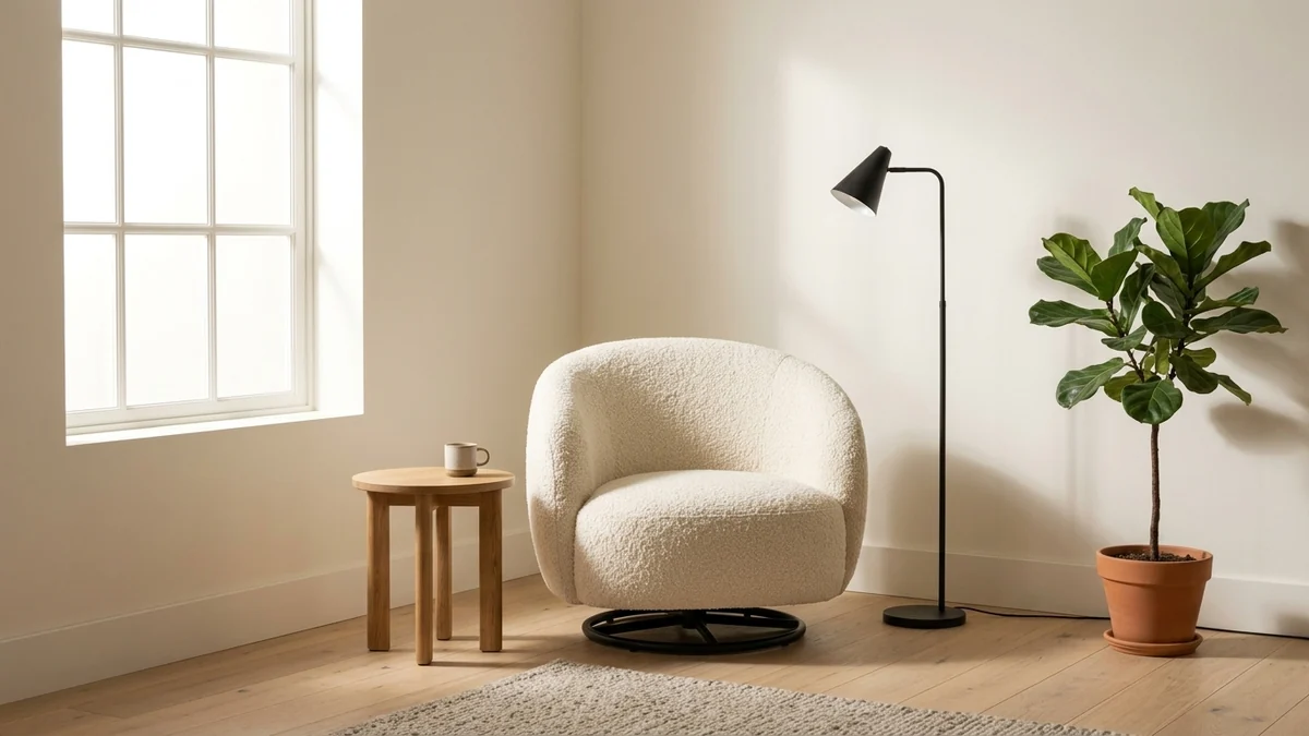 The same cream boucle swivel chair placed by MeltFlex AI into a real living-room corner beside a side table, floor lamp and plant, at realistic scale and light